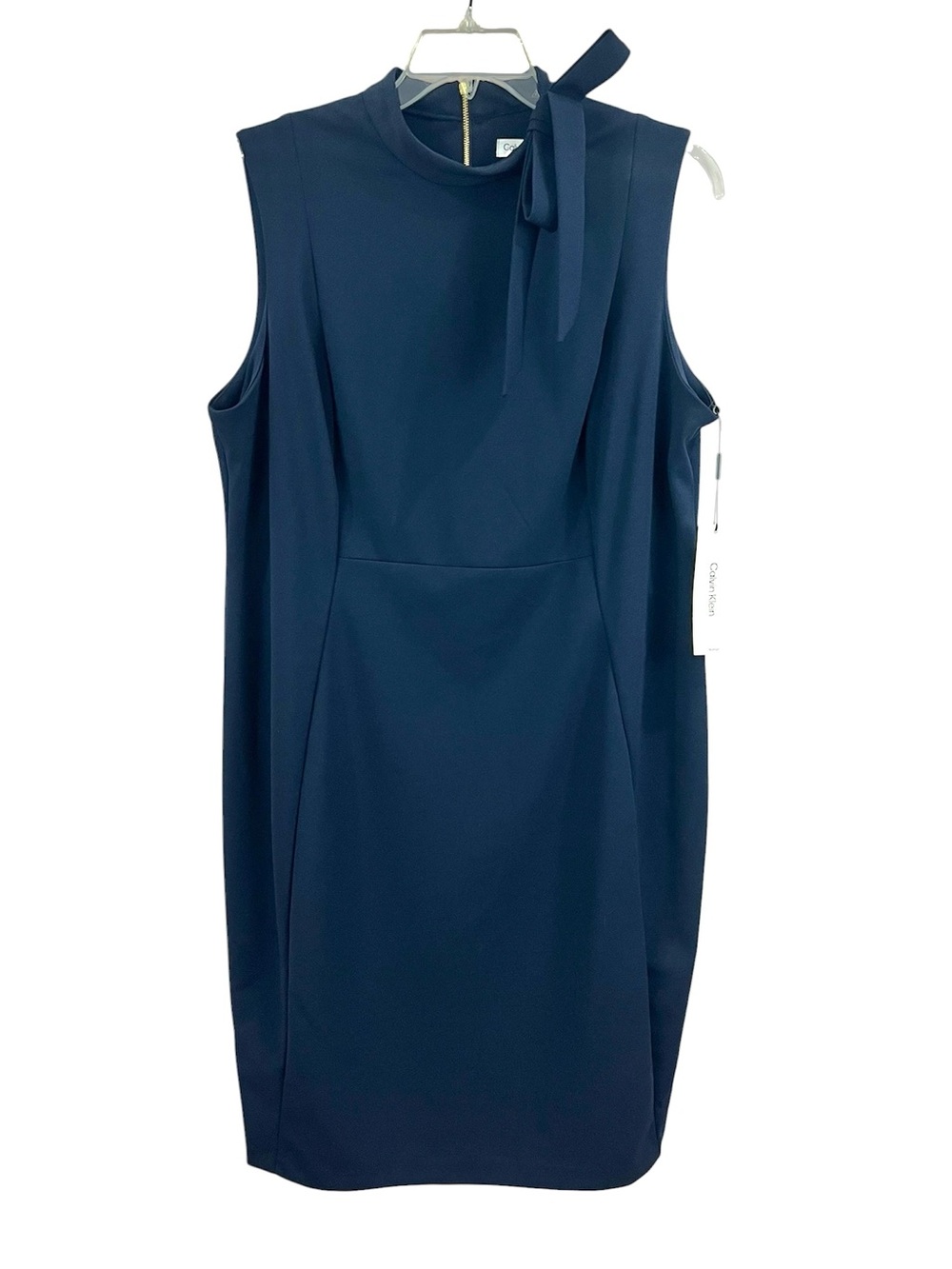 NWT Calvin Klein Navy Asymmetrical Necktie Bow Sleeveless Crepe Sheath Dress